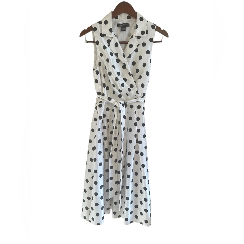 Jessica Howard White and Black Polka Dot Sleeveless Wrap Midi Dress
